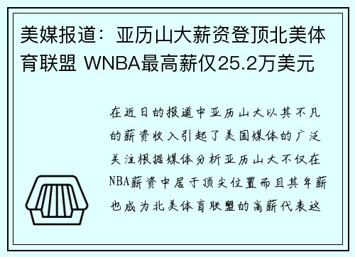 美媒报道：亚历山大薪资登顶北美体育联盟 WNBA最高薪仅25.2万美元